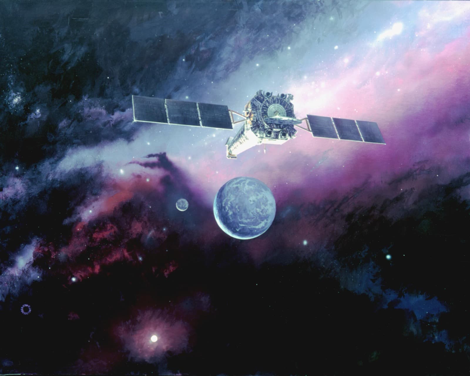 Artist's painting of the Chandra X-ray Observatory spacecraft with its solar panels extended, in space above a planet and its moon